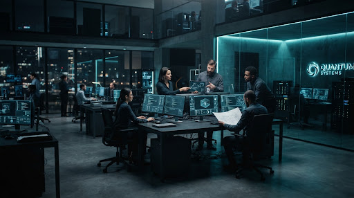Engineers collaborating in a technology workspace